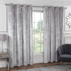 B&M Versailles Silver Crushed Velvet Fully Lined Curtains 46 X 72"